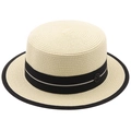 Cappello di paglia boater da donna con nastro nero e stemma metallico a forma di M - M (56-58cm) / crema