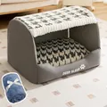 Deep sleep dog bed in grey houndstooth pattern with matching blue flannel blanket - S (35x30x30cm) / Flannel Blanket Set / Jas Grey