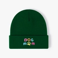 Dark forest green knit beanie featuring a colorful DOG MOM embroidery with a yellow paw print - One Size / Dark Green