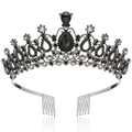 Detail of gothic bridal crown with large pear-cut black gemstone and claw-set rhinestones - With Combs / Gun Black-Black