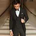 Slim fit black three-piece tuxedo suit with double-breasted vest for business and parties - XXS / Black