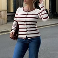 Elegant long sleeve knit vest in dark red stripes with round neck and front buttons - S / Red and White Striped
