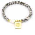 Detail of bohemian elastic bracelet featuring silver beads, irregular pearl and gold cross pendant - Ave Maria Tag Style (07#)