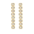 Detail of long gold-plated drop earrings featuring sparkling rectangular zircon stones - Long Tassel Style / Gold Earrings