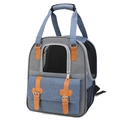 Blue and grey portable pet backpack with breathable mesh and stylish brown faux leather straps - Bath Carrier / Grey Blue Patchwork