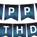 Starry night themed Happy Birthday banner with deep blue galaxy print for space parties - Starry Sky Birthday Banner