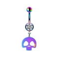 Macro shot of rainbow-colored metal skull belly ring with an inlaid clear gem on white background - Colorful Skull