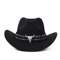Detail of black western cowboy hat featuring ethnic woven band and silver bull head charm - Black Ethnic Bull Head