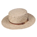 Cappello boater in rafia intrecciata con fascia in pelle marrone e fibbia dorata - M (56-58cm) / Paglia con fibbia marrone
