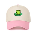 Beige and pink trucker hat with green frog embroidery on lotus leaf, classic baseball cap - Off-White and Pink
