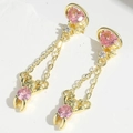 Exquisite golden bear drop earrings with sparkling pink heart-shaped crystals - Bear