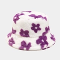 Close-up of soft plush texture on white bucket hat with purple flower pattern - M (56-58cm) / White With Purple Flowers