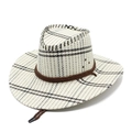 Detail showing checkered woven straw texture and adjustable drawstring on cowboy hat - M (56-58cm) / Off-white Black Thin Grid (01)
