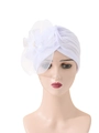 White turban hat for women featuring layered mesh flower and faux pearl detailing - One Size / Pearl Layered Flower Style / White