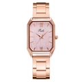Detailed close-up of rose gold rectangular watch with pink sunray dial and link bracelet - Pink (Single Watch)