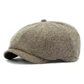 Brown herringbone newsboy cap for men and women featuring a classic metal logo detail - One Size / Coffee