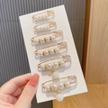 Set of 6 gold safety pins with white pearls and rhinestones for neckline security - Style 1 - 6-Piece Set