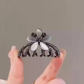 Small floral hair claw with white opal petals and sparkling silver rhinestones on gunmetal base - 10# Flower Hair Claw (Approx. 4.5CM)