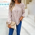 Damesoverhemd met lange mouwen, paarse bloemenprint en elegante kanten afwerking - S / Khaki