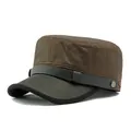 Retro flat top military cap in dark brown and black with leather band detail - Adjustable / Coffee