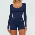 Ensemble de yoga deux pièces bleu marine avec haut court à manches longues et short - S / Haut Et Bas / Bleu Marine