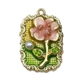 Vintage French enamel flower pendant with pink blossoms and green leaves in gold frame - Yellow-Green Square Peach Blossom Leaf-22117