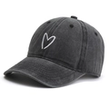 Classic washed denim baseball cap in dark grey with minimalist white heart embroidery - One Size / Washed Black