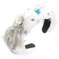 Detailed view of white fabric headband with shimmering sequins and knotted center detail - Sequin Knot Style / Blue