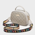 Gray quilted crossbody bag with golden metal plate and colorful LOVE strap detail - Gray