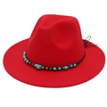Detail view of red felt fedora with turquoise beads and stones on a bohemian style hat band - M (56-58cm) / Red