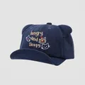 Primer plano del bordado hungry and sleepy en la gorra de algodón azul con orejas - 48cm (6 Meses-2 Años) / Azul marino