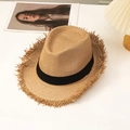 Men's stylish straw fedora with frayed edges and black ribbon for sun protection - L(58-60cm) / Camel