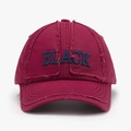 Burgundy washed cotton baseball cap with blue BLACK embroidery and distressed frayed edges - Adjustable / Red