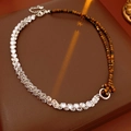 Detail of tiger eye and zircon beaded necklace with silver heart pendant on leather - Spliced Chain Necklace / Necklace-Silver-Coffee