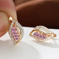 Elegant champagne gold leaf earrings with pink marquise zircon stones and leverback hooks - Champagne Gold Pink Stone