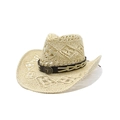 Cappello da cowboy in paglia traforata a tesa larga con cinturino in pelle e toro - M（56-58cm） / Beige