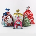 Detailed assortment of Christmas drawstring gift bags with festive Santa and reindeer prints - Red, Gold, White, Blue, and Green Style Set