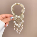 Pinza per capelli mughetto dorata con nappa di perle e decorazione fiocco di strass - J74 Fiocco Fiore Nappa Molletta a Griffe