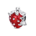 Detailed view of silver-plated strawberry charm with red enamel and sparkling cubic zirconia - Strawberry Bead