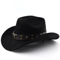 Close-up of a black suede cowboy hat featuring bronze rivets and a metal bull head emblem - M (56-58cm) / Black