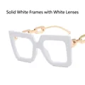 Solid white oversized frames with gold metal chain temples and clear blue light lenses - Solid White Clear Lens