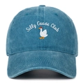 Detail of Silly Goose Club embroidery on vintage washed blue denim baseball cap - Lake Blue