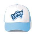 Adjustable light blue trucker hat with Take it EASY print and breathable mesh back - Sky Blue