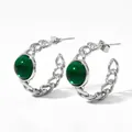 Silver C-shape Cuban chain earrings featuring a polished round green gemstone inlay - Silver Green