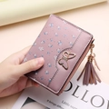 Short floral wallet for women in dusty pink with golden butterfly and tassel accent - Purple