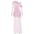 Detail des rosa One-Shoulder-Kleides mit Mesh-Einsätzen und gerafftem Bodycon-Stoff - S / Rosa