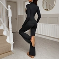 Women's Y2K elastic two-piece black sports set with zip top and flared leggings - S / Black