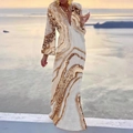 Bohemian V-neck maxi dress with golden marble print for beach vacation in sunset light - S / Gold