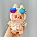 Labubu plush doll in beige floral shirt, white t-shirt and shorts with round sunglasses - Light Coconut Tree Beach Set / First And Second Generation Keychains Are Compatible With La Cloth Dolls. Dolls Not Included.