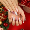 Christmas coffin press-on nails with pink glitter, white 3D heart and snowflake patterns - Christmas Snowflake & Pink Glitter Style (JP2682)